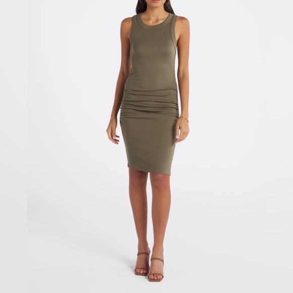 Michael Stars Racerback Sleeveless Ribbed Midi Dress Khaki Green Tan Neutral - Picture 1 of 10